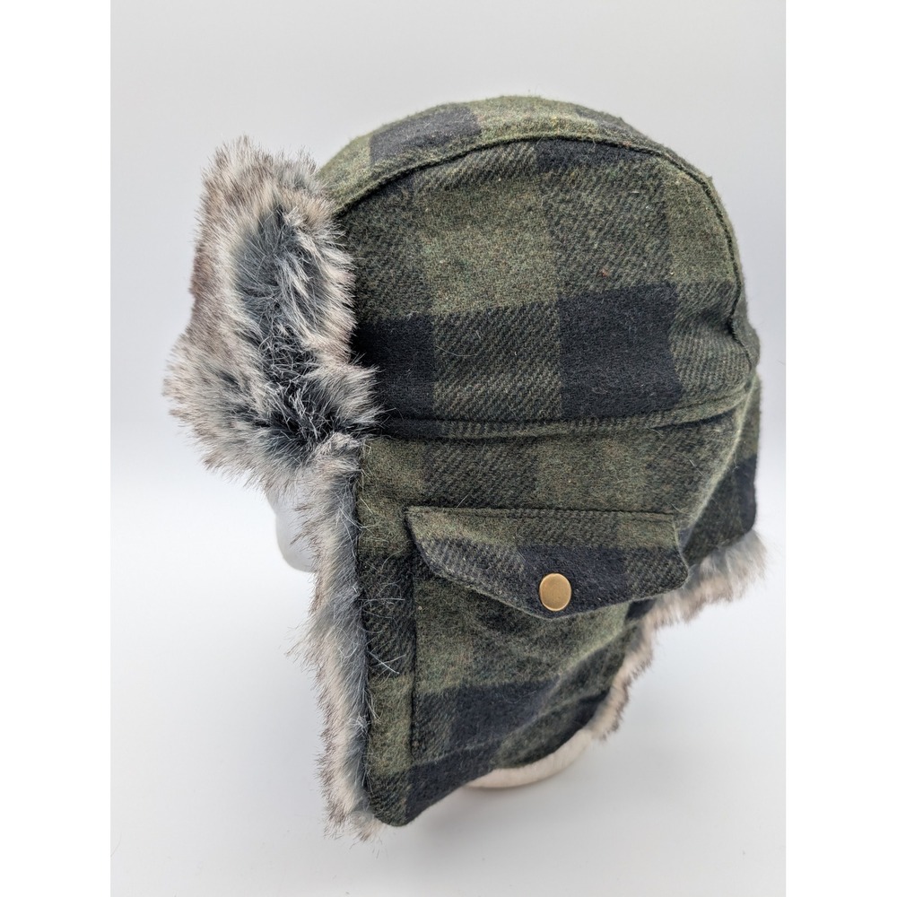 Broner Trapper Hat Green Black Buffalo Plaid Faux Fur Ear Flap Bomber Cap OSFM